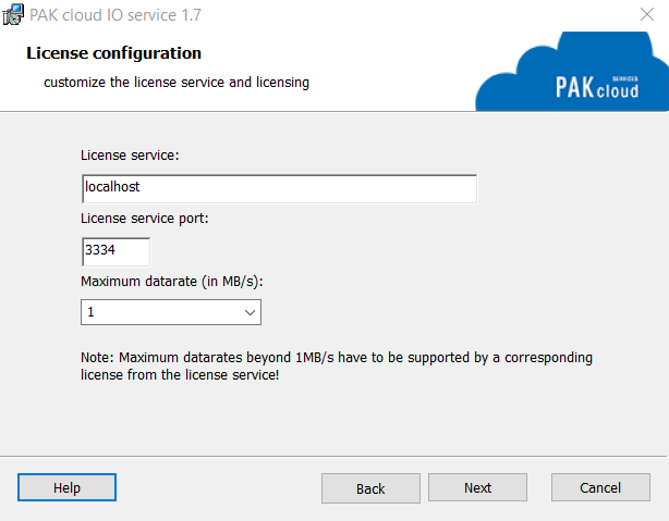 PAK cloud IO Service setup wizard license configuration